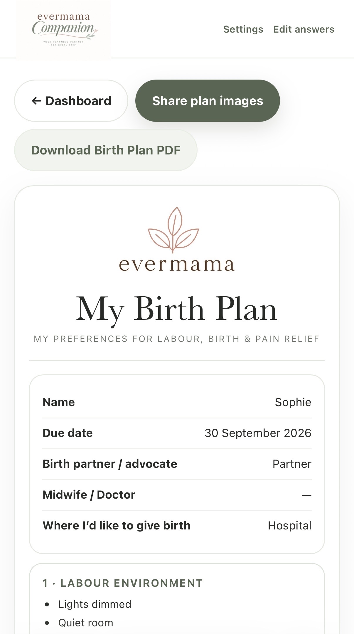 EverMama Companion birth plan and hospital checklist